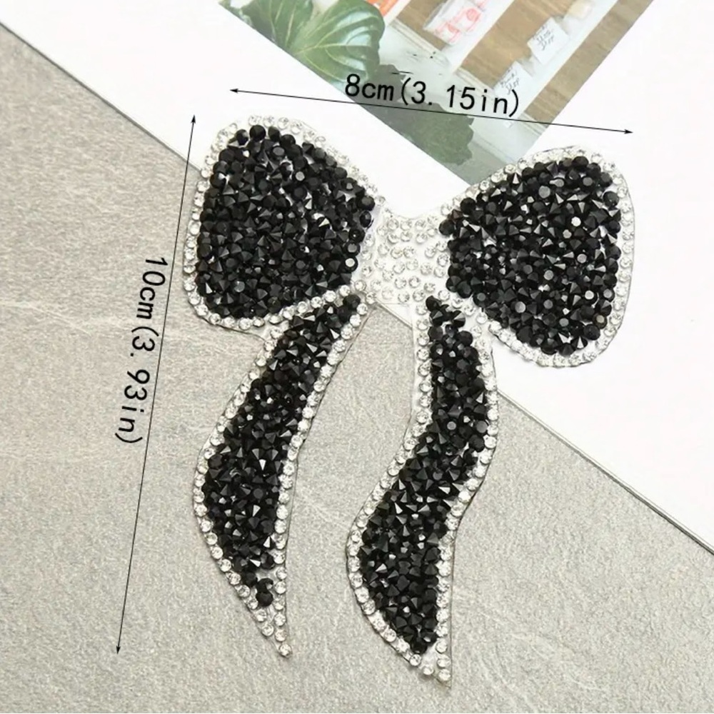 NWT Rhinestone Bow Iron-On Patch - Black & Silver Sparkle Appliqué